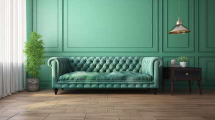 Green mint wall with sofa & sideboard on wood floor-interior, generative ai