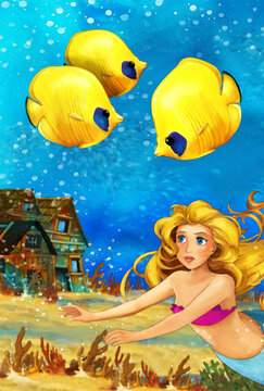 Cartoon ocean and the mermaid in underwater kingdom swimming with fishes - illustration for children artistic painting scene
