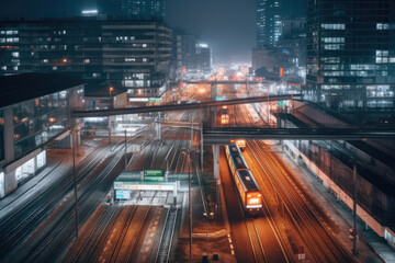 An urban city at night with a train passing on the tracks and buildings in the background. Overpass bridge, providing a unique perspective of the city's transportation system. Generative Ai