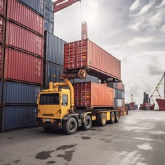 Container truck in ship port for business Logistics and transportation of Container Cargo ship and Cargo plane with working crane bridge in shipyard. generative ai