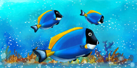 Fototapeta na wymiar cartoon scene with fishes in the beautiful underwater kingdom coral reef - illustration for children artistic painting scene