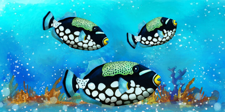 cartoon scene with fishes in the beautiful underwater kingdom coral reef - illustration for children artistic painting scene