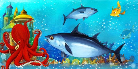 Obraz na płótnie Canvas cartoon scene with fishes in the beautiful underwater kingdom coral reef - illustration for children artistic painting scene