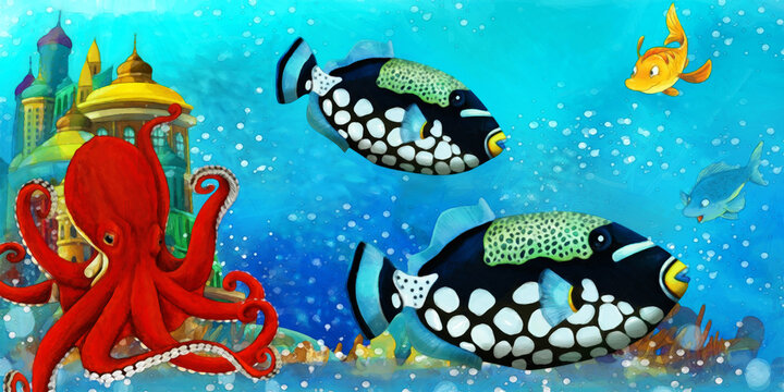 cartoon scene with fishes in the beautiful underwater kingdom coral reef - illustration for children artistic painting scene