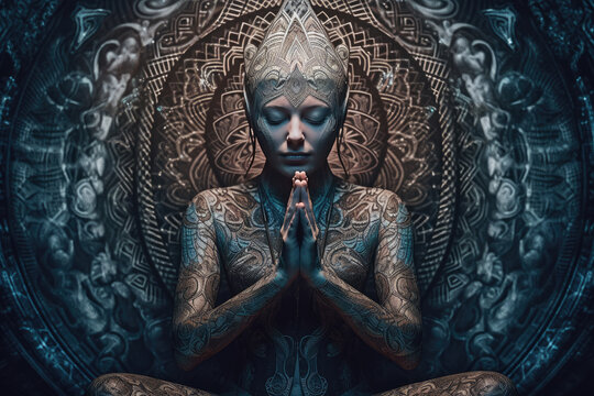 a woman with tattoos on her body and hands, sitting in front of an intricate blue mandal pattern behind her. A captivating image that captures the concept of quantum. Generative Ai