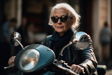 Fototapeta na wymiar Old woman driving scooter bike Generated AI image: 