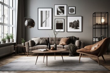 Mid-century modern living room mockup with frame. Generative AI