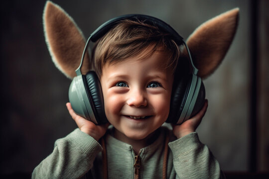  Child with headphones listening to music with donkey ears. AI generated image