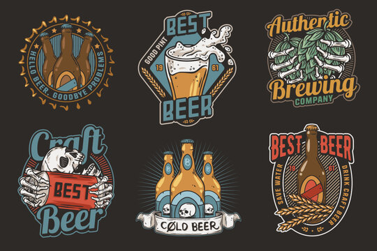 Beer set of brew emblems or craft beer logos with beer cap, can, hop, skeleton and bottle. Labels or prints with skull, beer glass and barly for bar, pub or brewery shop