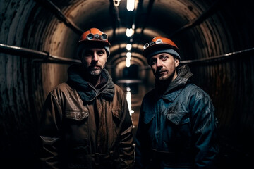 Obraz na płótnie Canvas two plumbers portrait in big sewer portrait Generated AI image: 