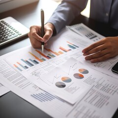 person analyzing financial figures, analyzing company financial report balance sheet statement working with digital graphs in table. generative ai