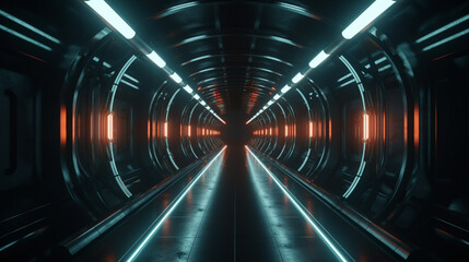 Dark futuristic tunnel with glowing neon lamps and reflections Generative AI
