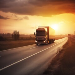 Obraz na płótnie Canvas Sunset truck and highway - transport background . generative ai