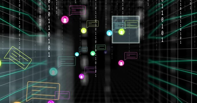 Animation of data processing and binary coding over icons