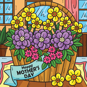 Mothers Day Basket of Flowers Colored Cartoon