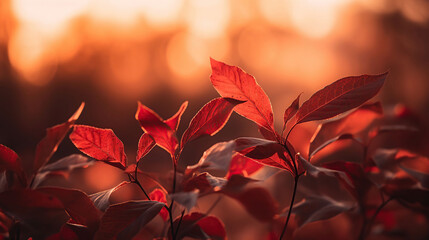 Obraz na płótnie Canvas Red Leaves At Sunset With Defocused Lights - Abstract Autumn Background, generative ai