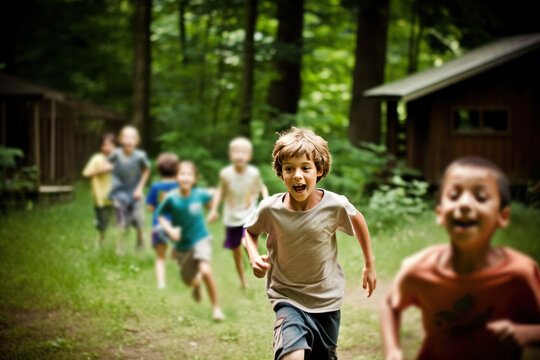 Young smiling boy in the summer camp, AI generated