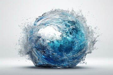 3D blue water wave with spherical splash on white background. Generative AI