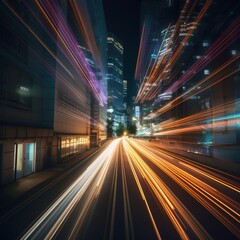 Fototapeta na wymiar Warp speed in hyperloop with blue light from buildings' lights in city at night. generative ai