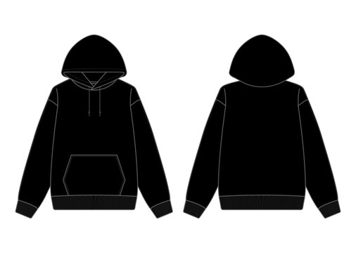 Blank Black Hoodie Mock-Up Template on White Background, Front and Back View	