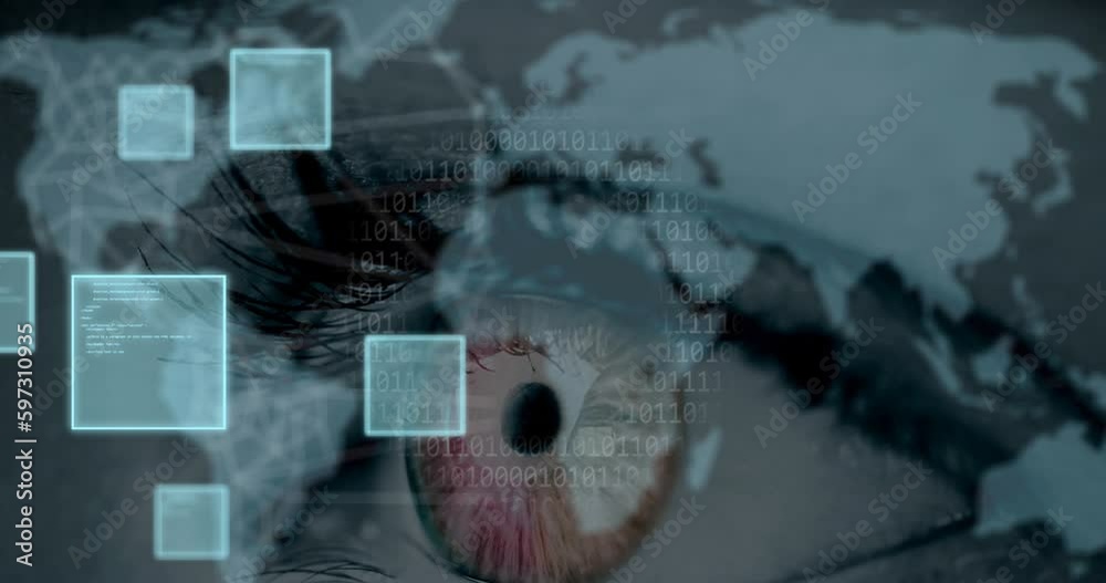 Aufkleber animation of data processing and binary coding over eye and world map