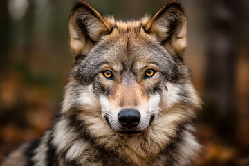 Naklejka na ściany i meble Portrait of a wolf in the autumn forest. 