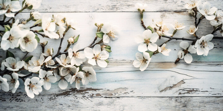 white branches with blooming flowers on a white wooden background