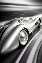 Obraz na płótnie Canvas A sleek silver bullet car whizzes past on a winding track. AI generated.