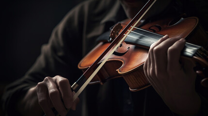 Violin player. Violinist hands playing violin orchestra musical instrument closeup, generative ai