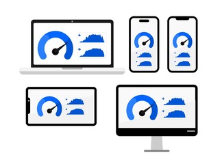 Internet speed test on laptop mobile tablet and PC with download and upload information illustration. Bandwidth meter.