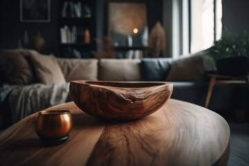 Blurred wooden tabletop in a cozy modern living room. Generative AI