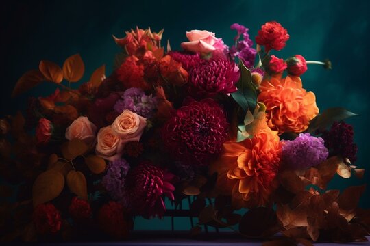 Stunning large bouquet of modern-vintage flowers in bold colors. Generative AI © Raul