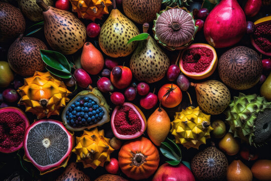 A pile of various exotic fruits, including bananas, oranges, pomegranates, blueberries, and strawberries.. Generative Ai