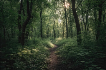 Fototapeta premium A path in the woods with sun shining through the trees and leaves on the ground. Generative Ai