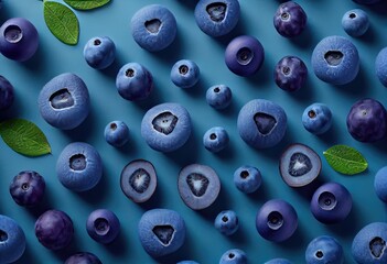 Blueberries with leaves on a blue background. Flat lay. Generative AI