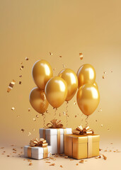 luxury decoration golden balloons, confetti, gift box copy space background. Generative AI