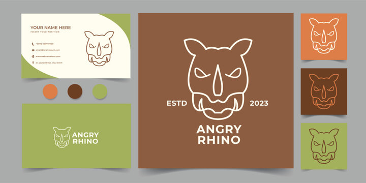 angry rhino monoline animal logo and business card template
