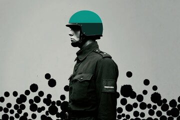 homme soldat anonyme de profil avec casque et uniforme - obrazy, fototapety, plakaty