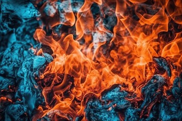 close-up view of a blazing fire with intense flames. Generative AI
