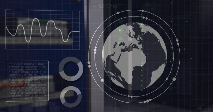 Animation of globe and data processing over computer servers