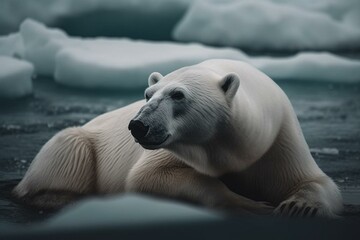 Obraz na płótnie Canvas A polar bear resting on ice surrounded by icebergs. Generative AI