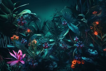 Fototapeta na wymiar Desktop wallpaper featuring tropical plants with jewel-toned jungle motifs, neon abstraction and illustration background. Generative AI