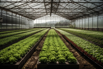 A remarkable scene of a large indoor greenhouse with rows of lettuce plants growing in the ground and fog coming through the glass roof.. Generative Ai