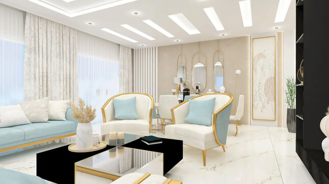armchairs and sofa inside a living room, windows and lamps, table with decore interior architecture