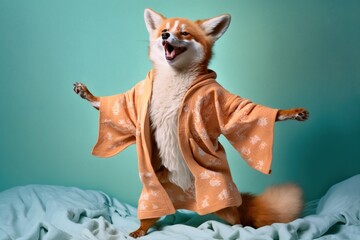 Studio portrait of fox in a terry bathrobe joyfully dancing on bed, created with Generative AI technology - obrazy, fototapety, plakaty