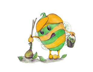 The bee sweeps up the fallen leaves. Cartoon character. Isolated watercolor illustration for your design. Ideal for decorating children's things and accessories