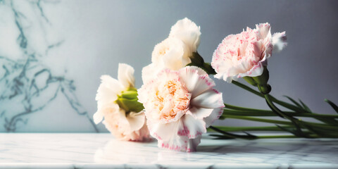 pastel pink and white carnations on a white surface