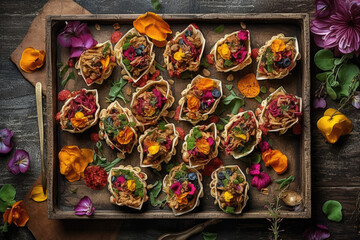 A wooden tray filled with vegan taco appetizers with flowers around it. Generative Ai