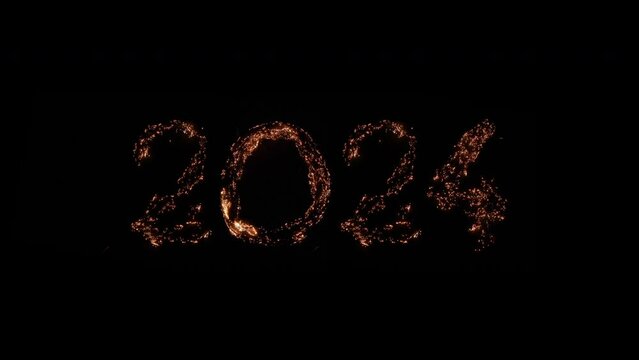 Years 2023 2024 burning HAPPY NEW YEAR changing. Smoldering fire on black background. Beautiful combustion Exciting typography, font. Overlay graphic element, easy to use in any of your projects. 
