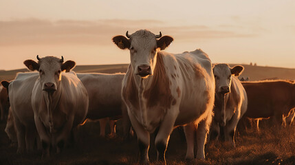 A herd of cows looking at the camera in Orkney countryside at sunset, generative ai